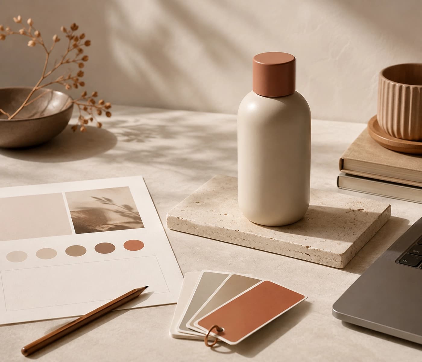 Sản phẩm, bảng màu và moodboard được chuẩn bị trên bàn làm việc