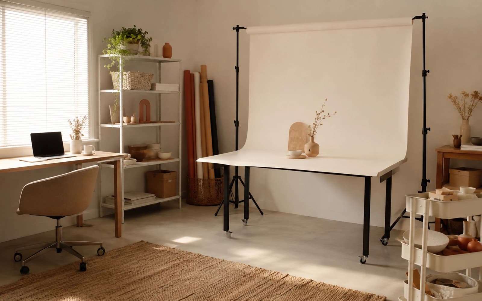 Không gian studio với phông nền, bàn chụp và khu vực chuẩn bị