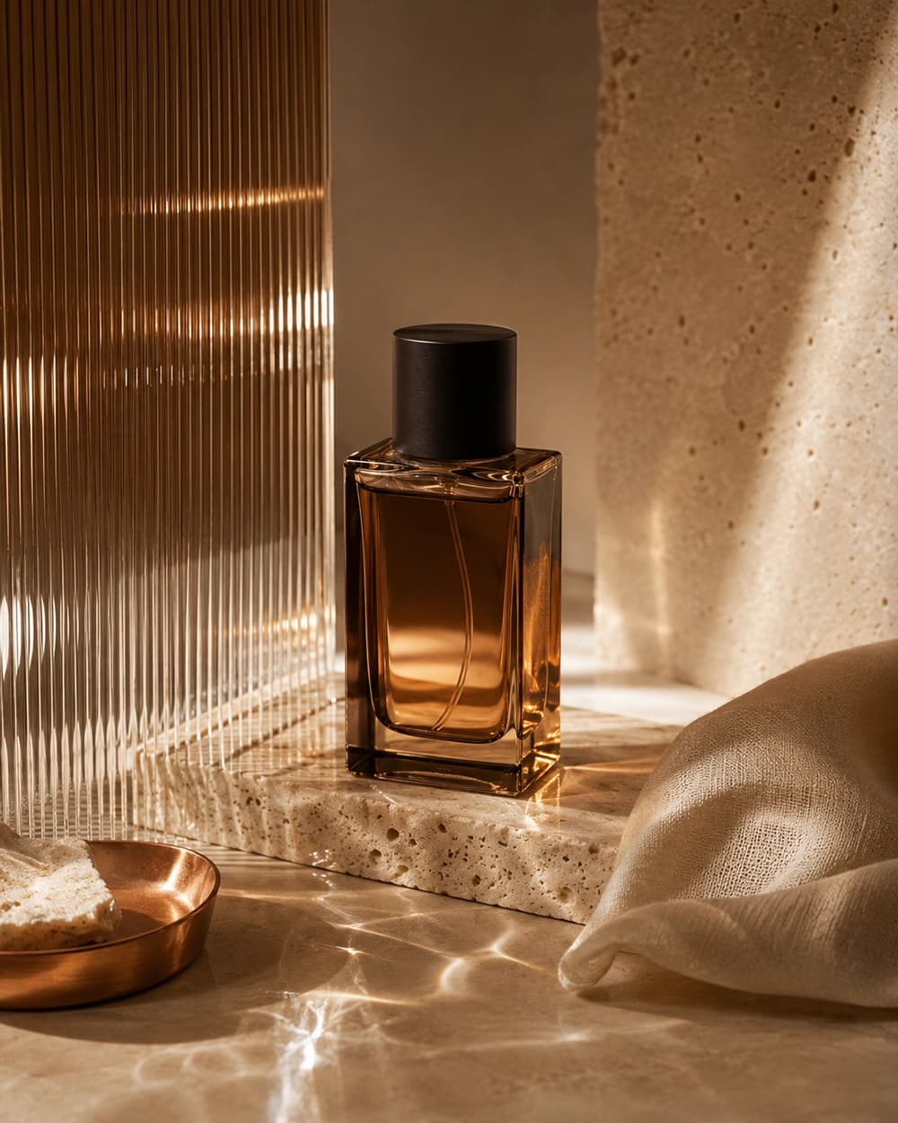 Chai nước hoa màu hổ phách trong bố cục styling nâu đồng
